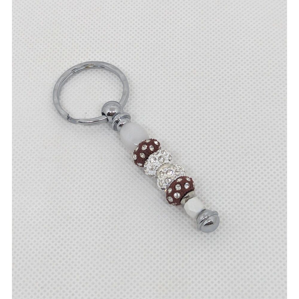 Beaded Keychain, Bag Charm, Accessory - Brown, White, Bling, Handmade